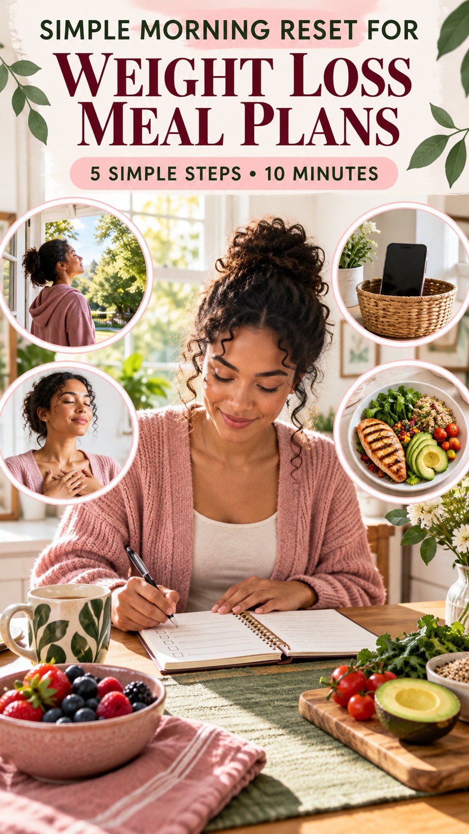 Morning routine infographic for Weight Loss Meal Plans showing review today’s plan and five practical steps.