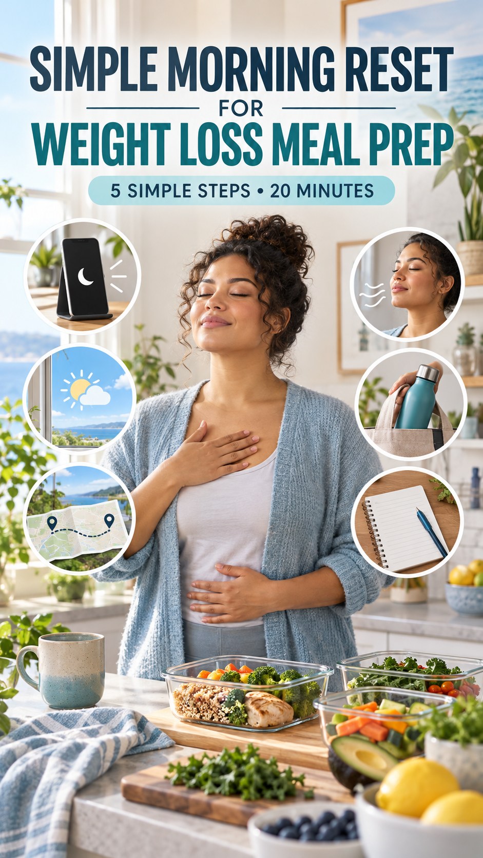 Morning routine infographic for Weight Loss Meal Prep showing set a screen boundary and five practical steps.