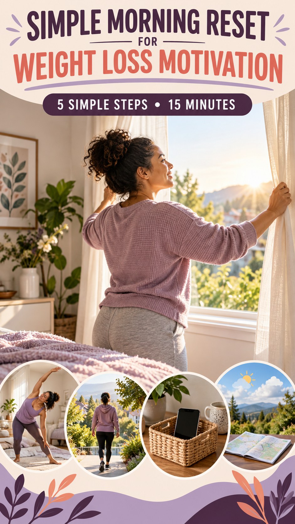 Morning routine infographic for Weight Loss Motivation showing open the curtains and five practical steps.