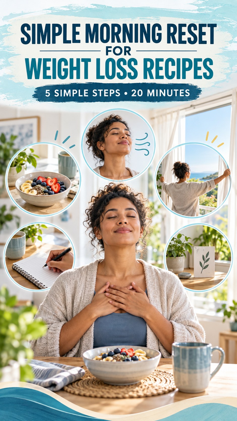 Morning routine infographic for Weight Loss Recipes showing take three slow breaths and five practical steps.