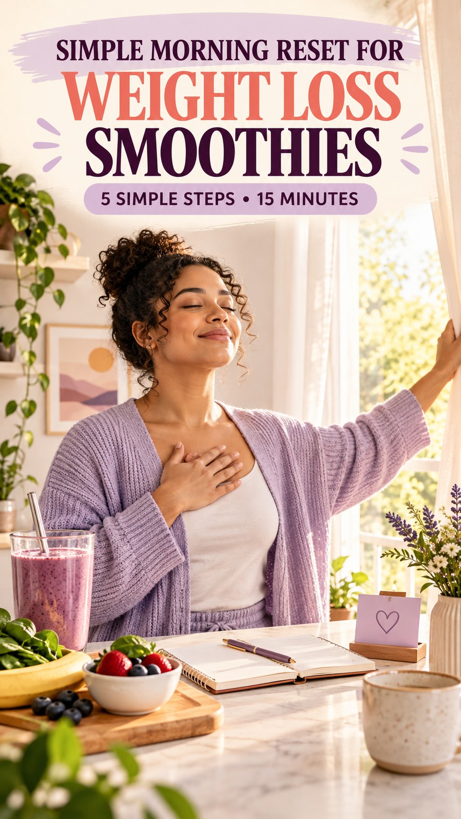 Morning routine infographic for Weight Loss Smoothies showing take three slow breaths and five practical steps.