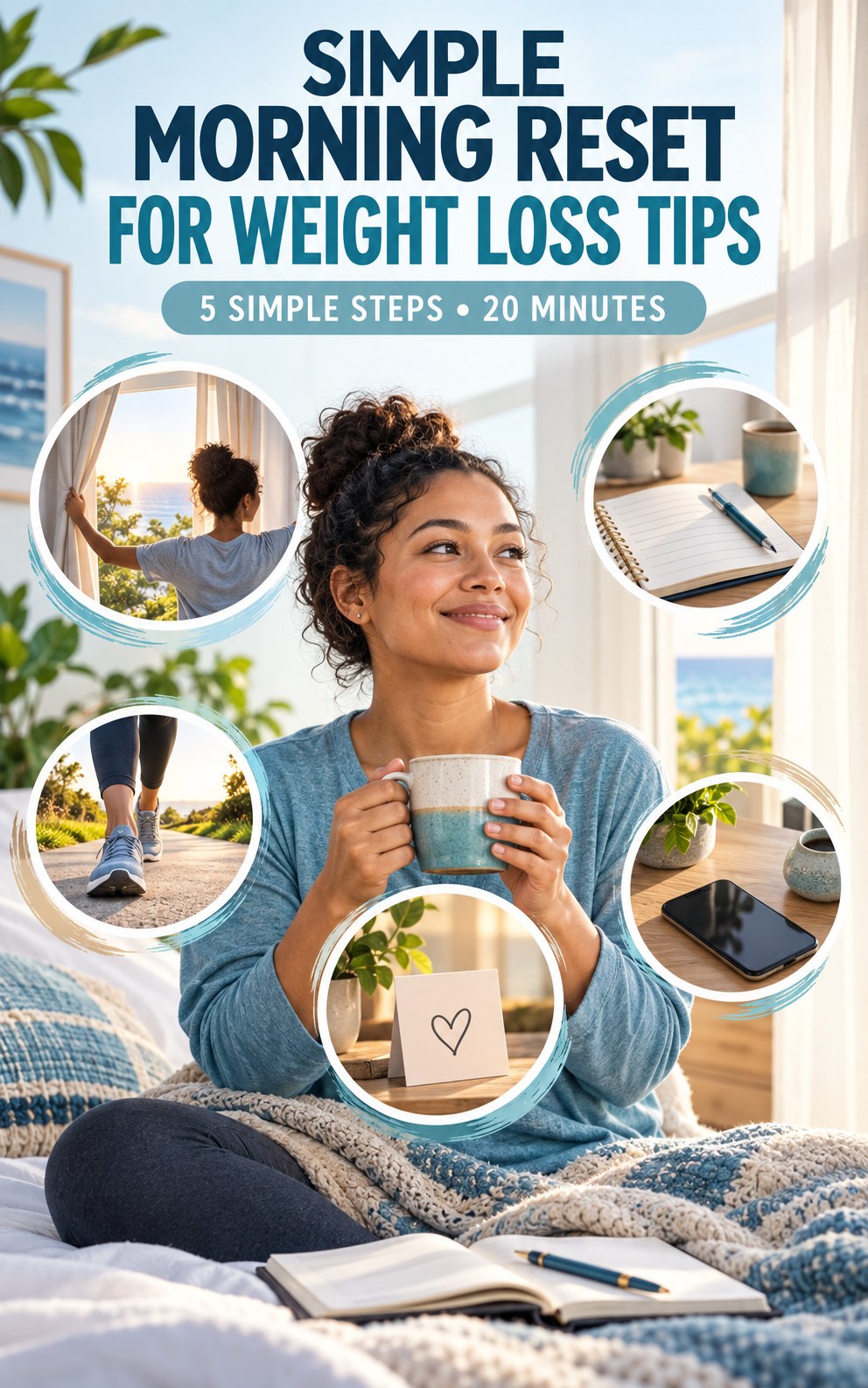 Morning routine infographic for Weight Loss Tips showing choose a recovery reminder and five practical steps.