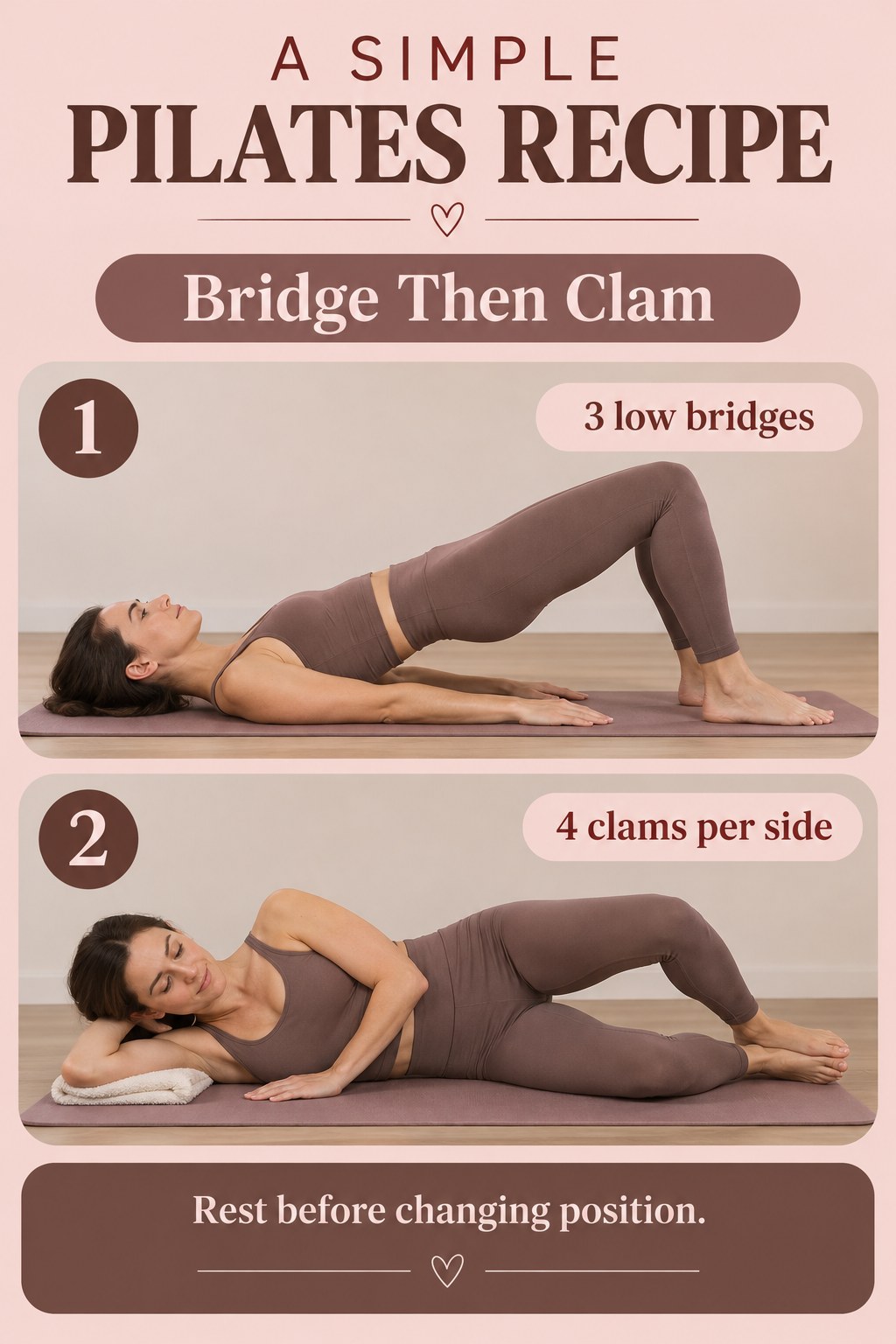 Pilates recipe-style panels illustrate a low bridge and a small side-lying clam on a mat.