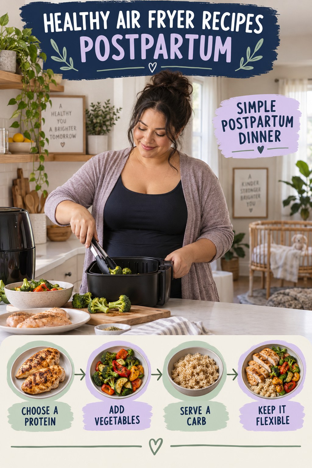 Healthy Air Fryer Recipes postpartum graphic titled Simple Postpartum Dinner with four gradual recovery-aware prompts.