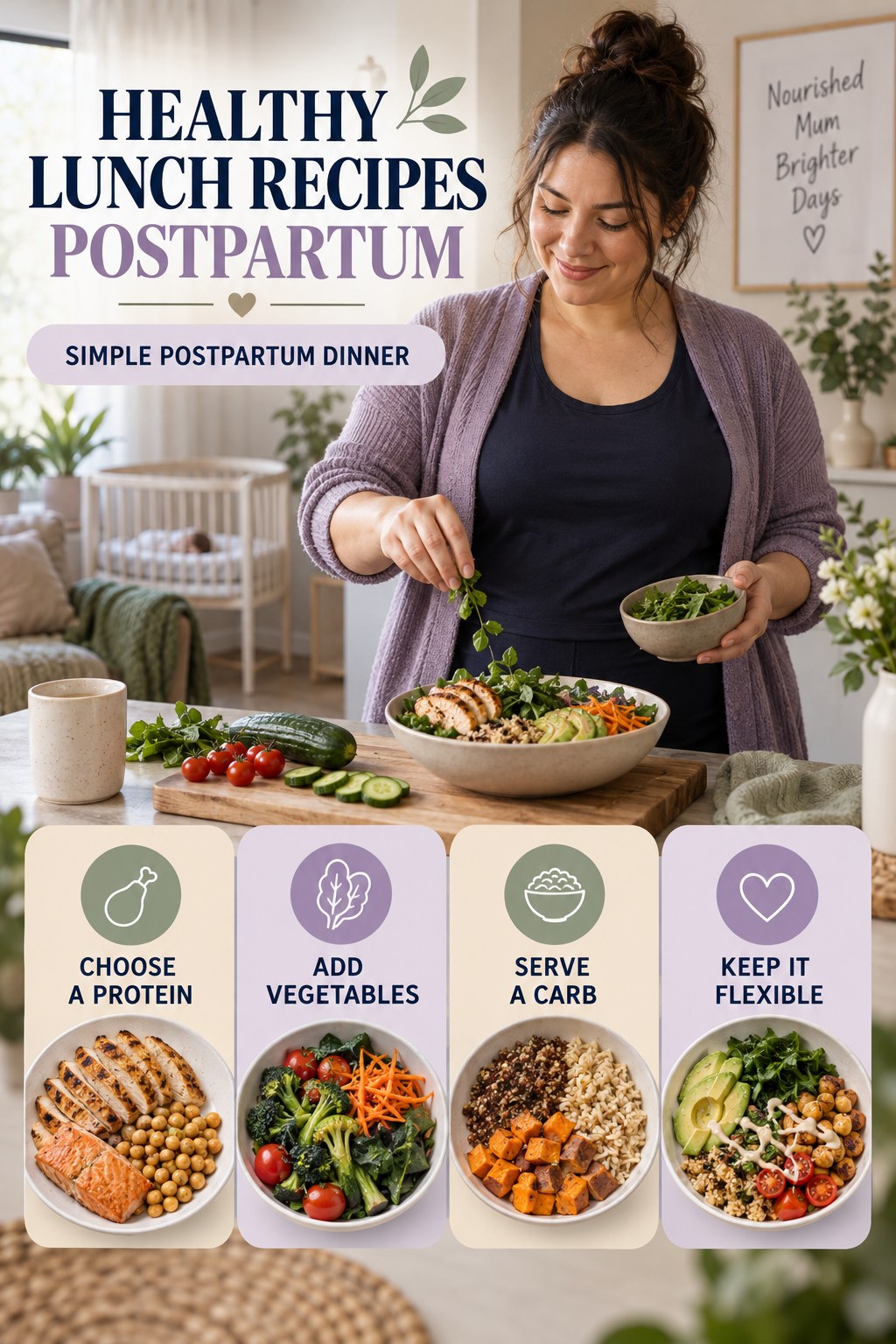 Healthy Lunch Recipes postpartum graphic titled Simple Postpartum Dinner with four gradual recovery-aware prompts.