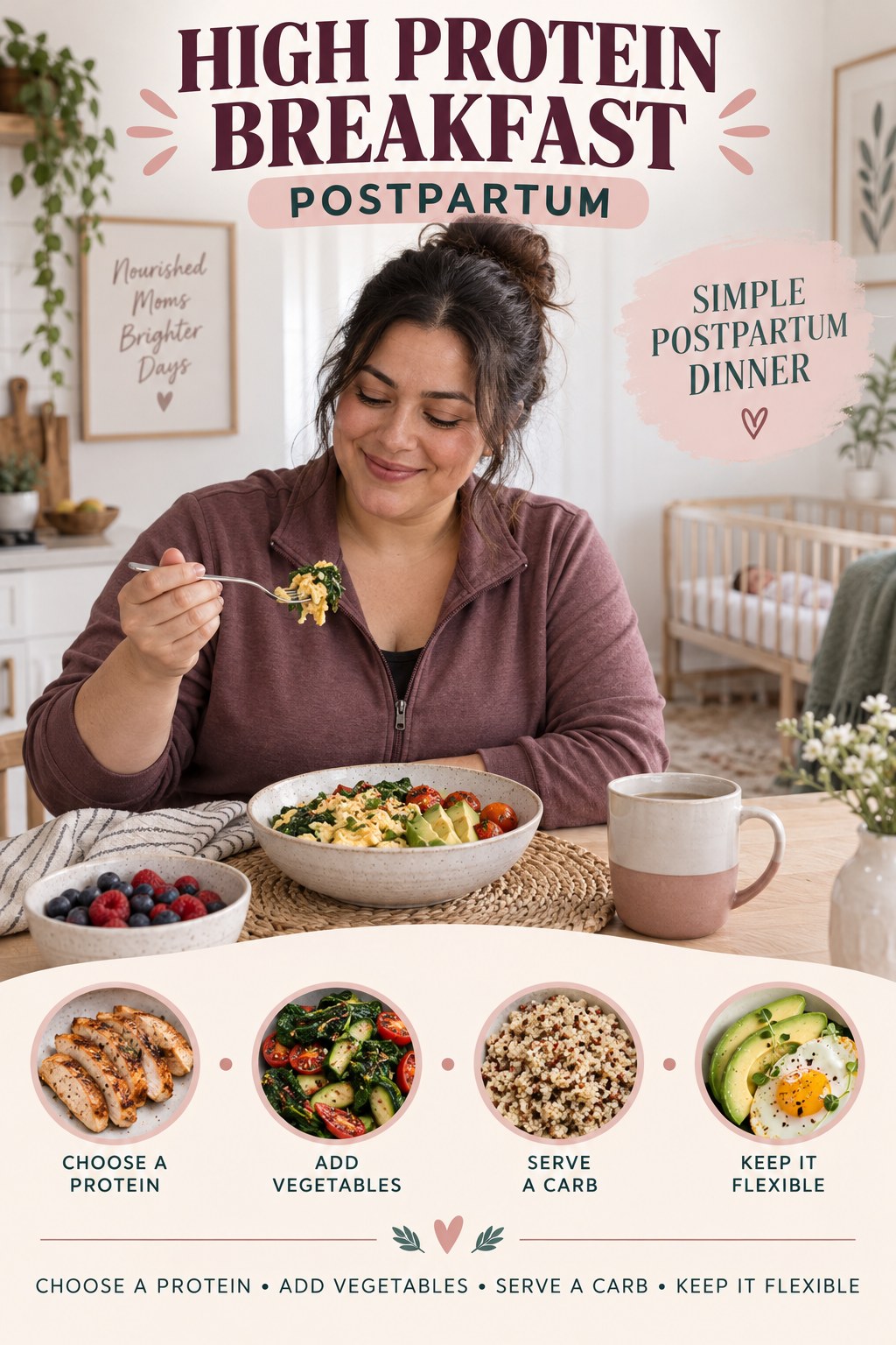 High Protein Breakfast postpartum graphic titled Simple Postpartum Dinner with four gradual recovery-aware prompts.