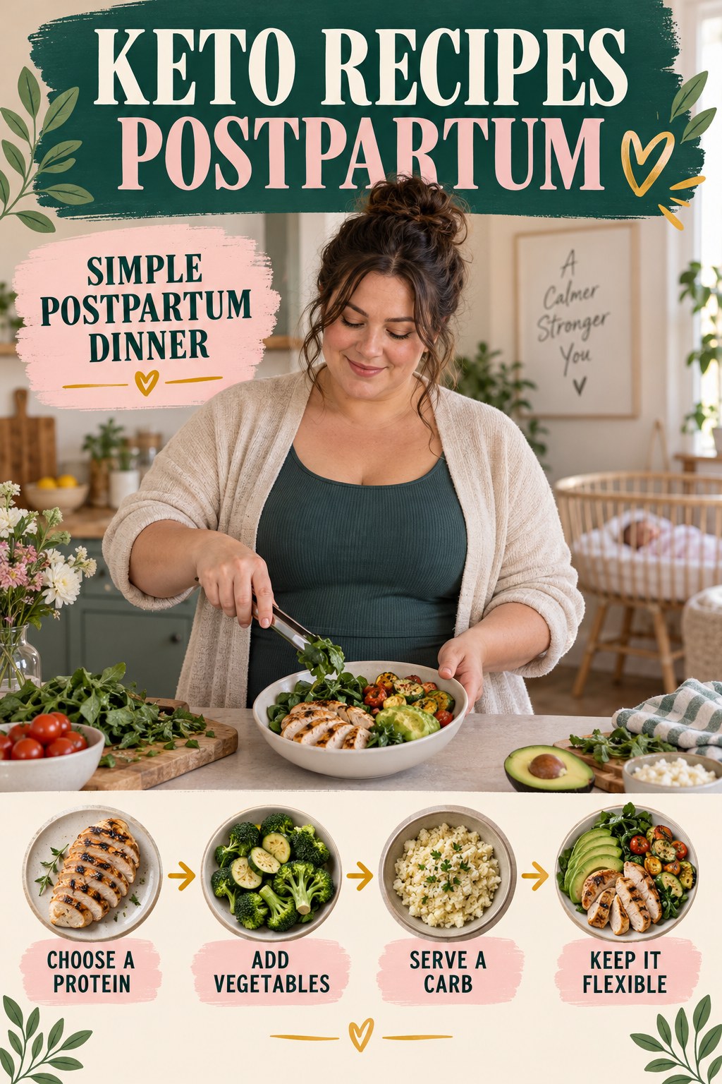 Keto Recipes postpartum graphic titled Simple Postpartum Dinner with four gradual recovery-aware prompts.