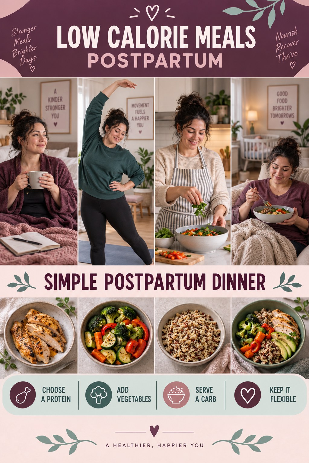 Low Calorie Meals postpartum graphic titled Simple Postpartum Dinner with four gradual recovery-aware prompts.