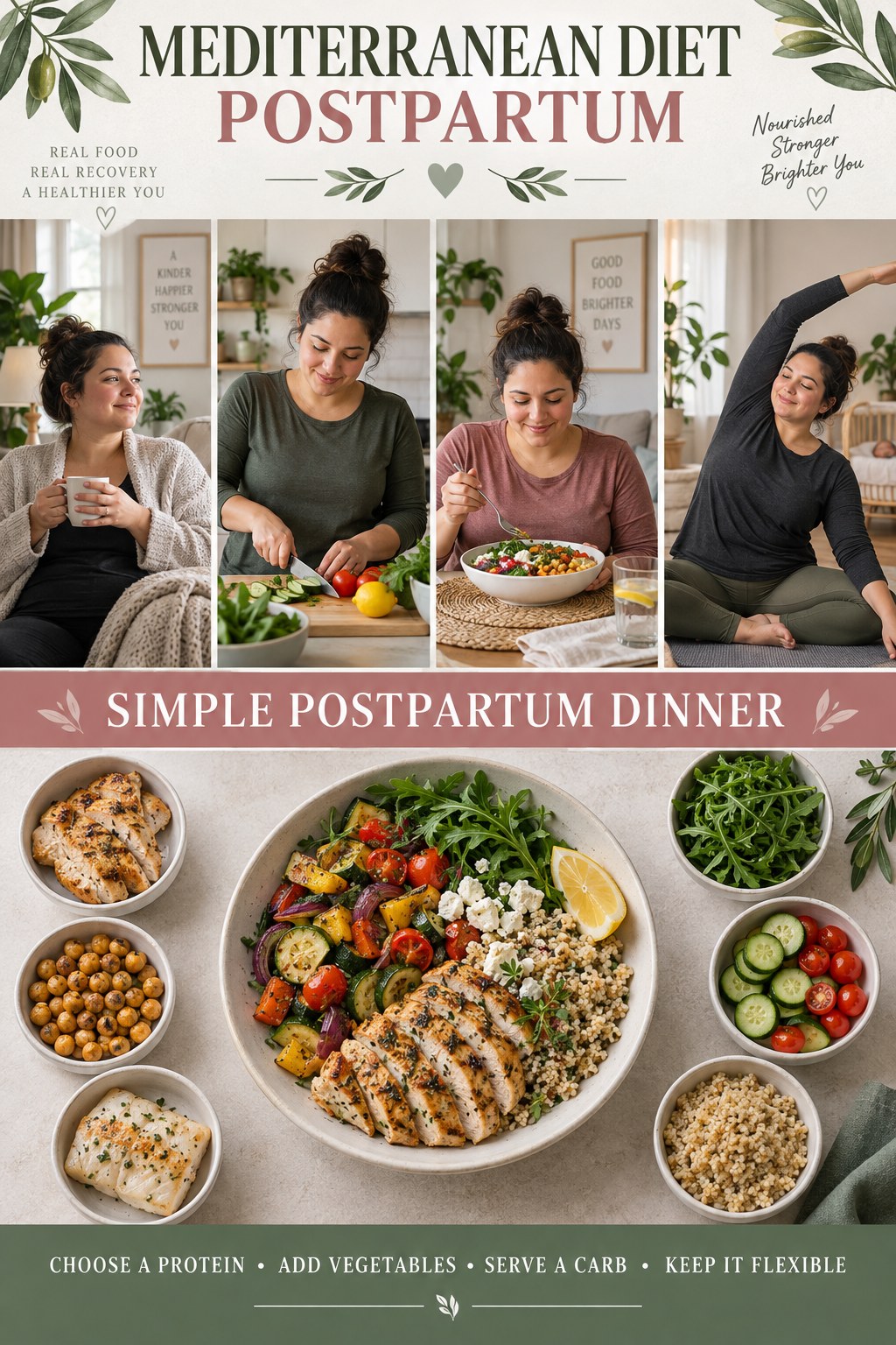 Mediterranean Diet postpartum graphic titled Simple Postpartum Dinner with four gradual recovery-aware prompts.