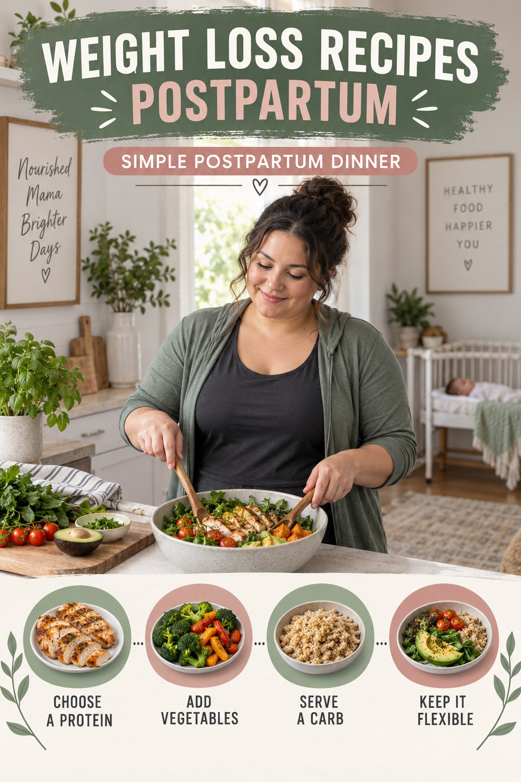 Weight Loss Recipes postpartum graphic titled Simple Postpartum Dinner with four gradual recovery-aware prompts.