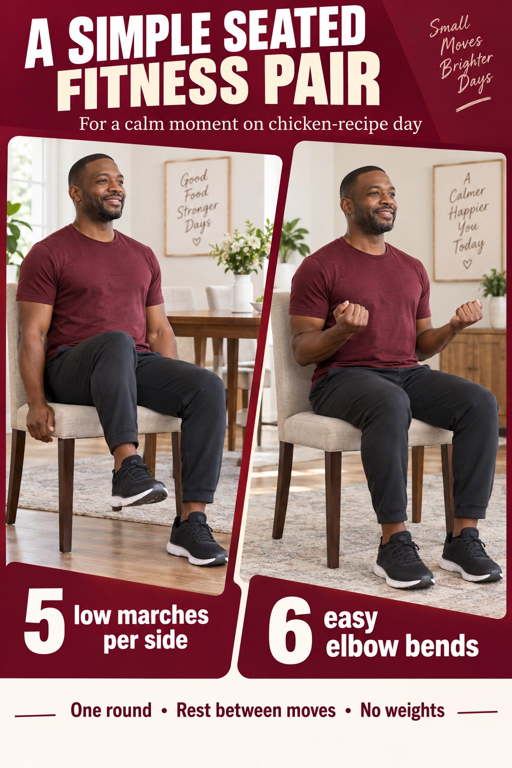 A seated man demonstrates five low marches per side and six unweighted elbow bends in a two-panel beginner infographic.