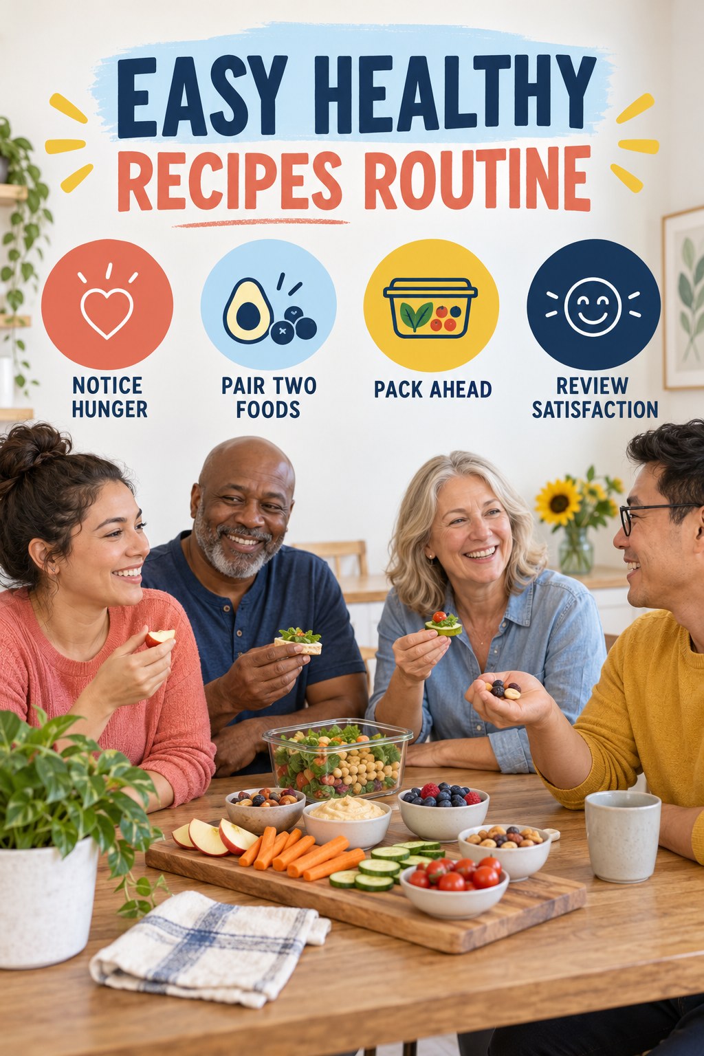 Simple Snack Planning for Easy Healthy Recipes with four concise practical actions in a clean minimal health design.