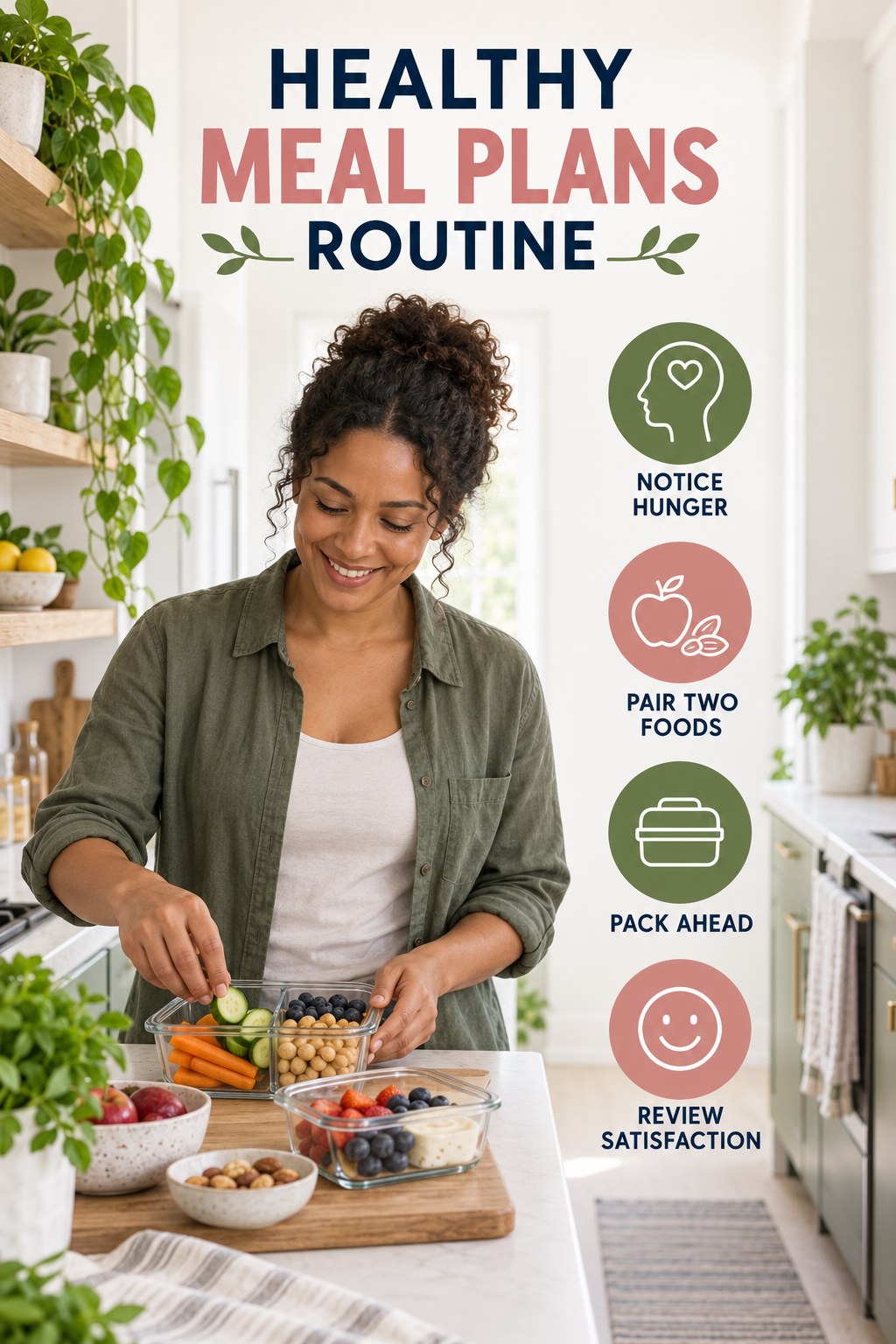 Simple Snack Planning for Healthy Meal Plans with four concise practical actions in a clean minimal health design.