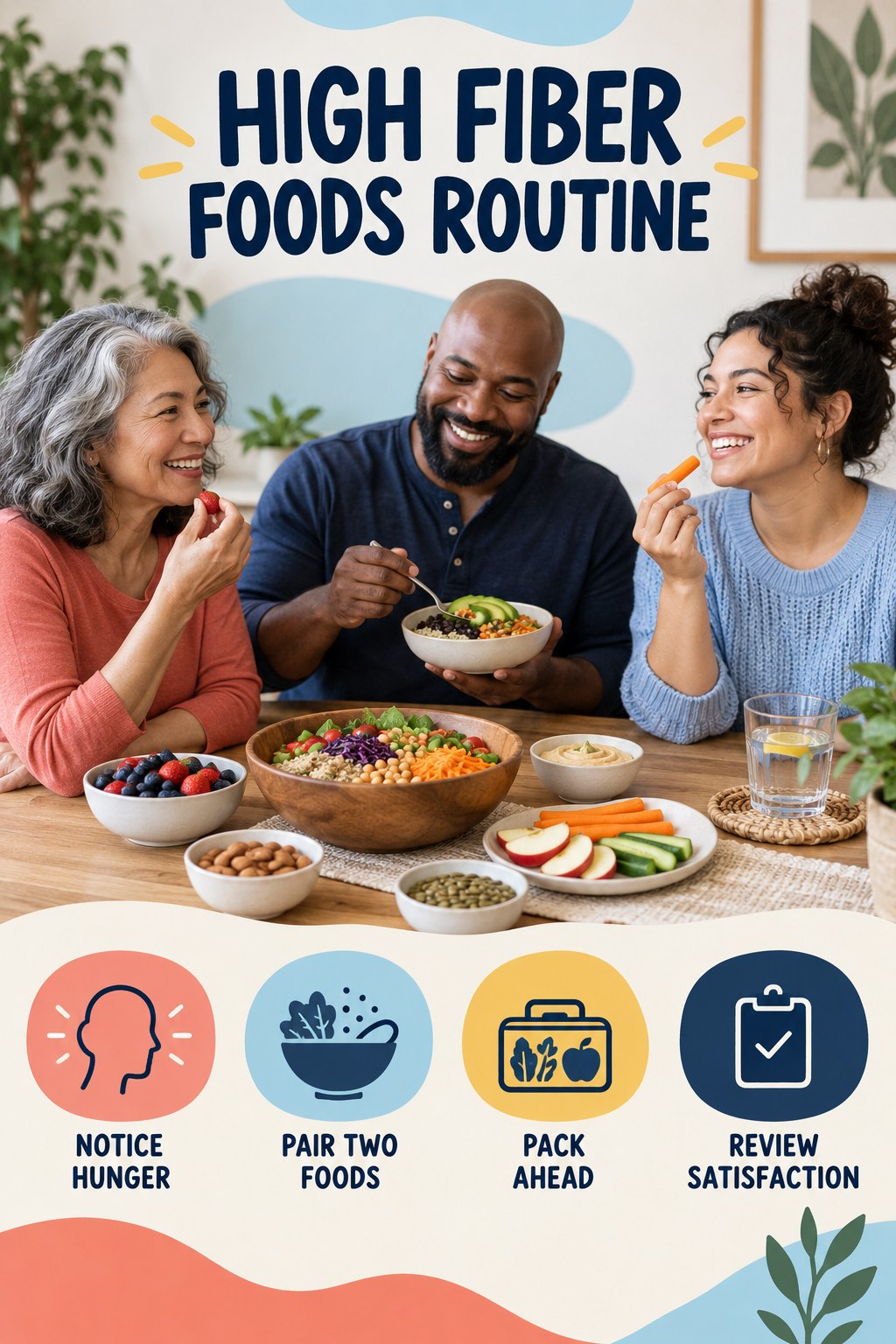 Simple Snack Planning for High Fiber Foods with four concise practical actions in a clean minimal health design.