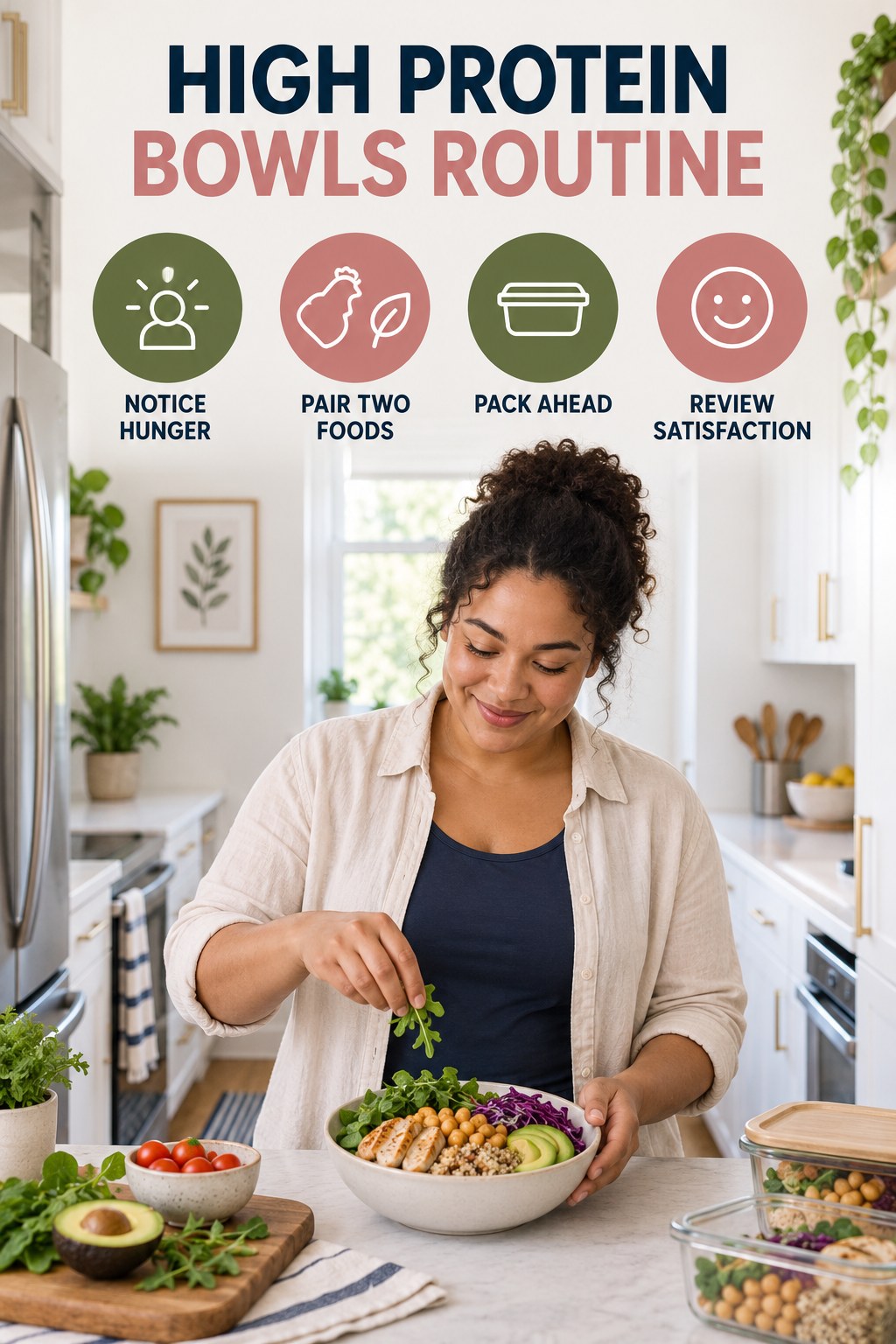 Simple Snack Planning for High Protein Bowls with four concise practical actions in a clean minimal health design.