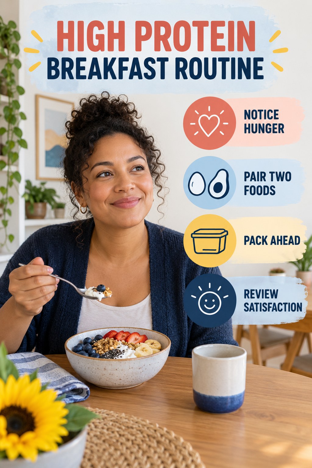 Simple Snack Planning for High Protein Breakfast with four concise practical actions in a clean minimal health design.