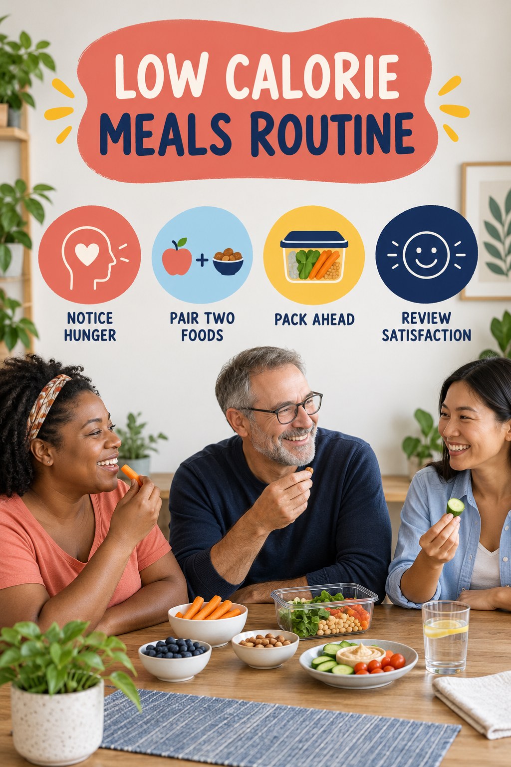 Simple Snack Planning for Low Calorie Meals with four concise practical actions in a clean minimal health design.