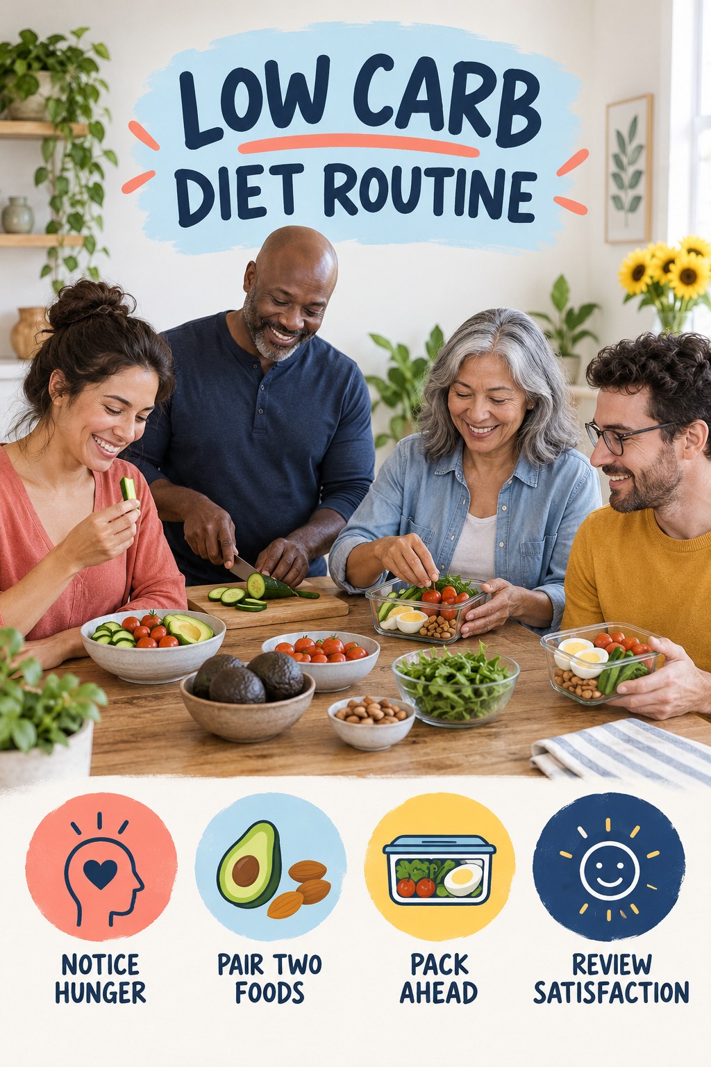 Simple Snack Planning for Low Carb Diet with four concise practical actions in a clean minimal health design.