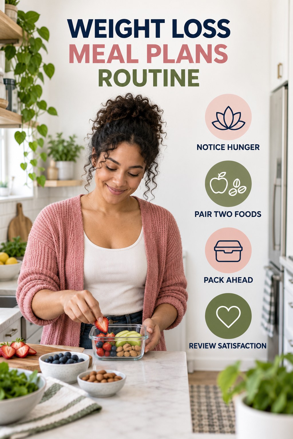 Simple Snack Planning for Weight Loss Meal Plans with four concise practical actions in a clean minimal health design.