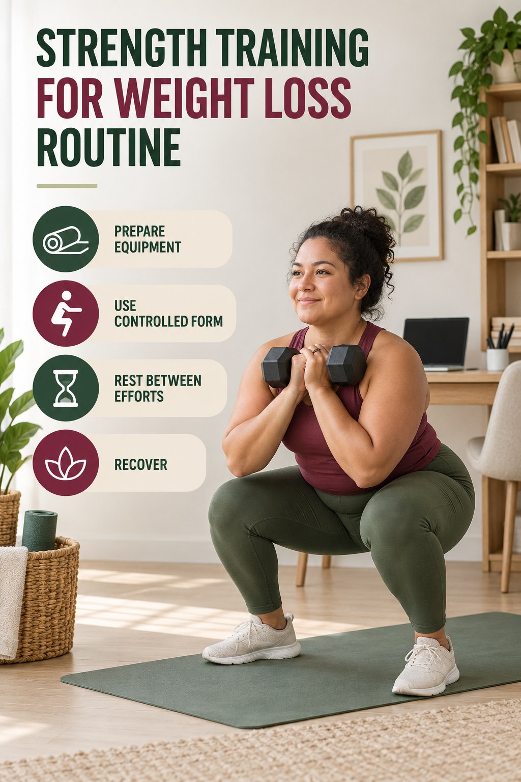 Simple Strength Practice for Strength Training for Weight Loss with four concise practical actions in a clean minimal health design.