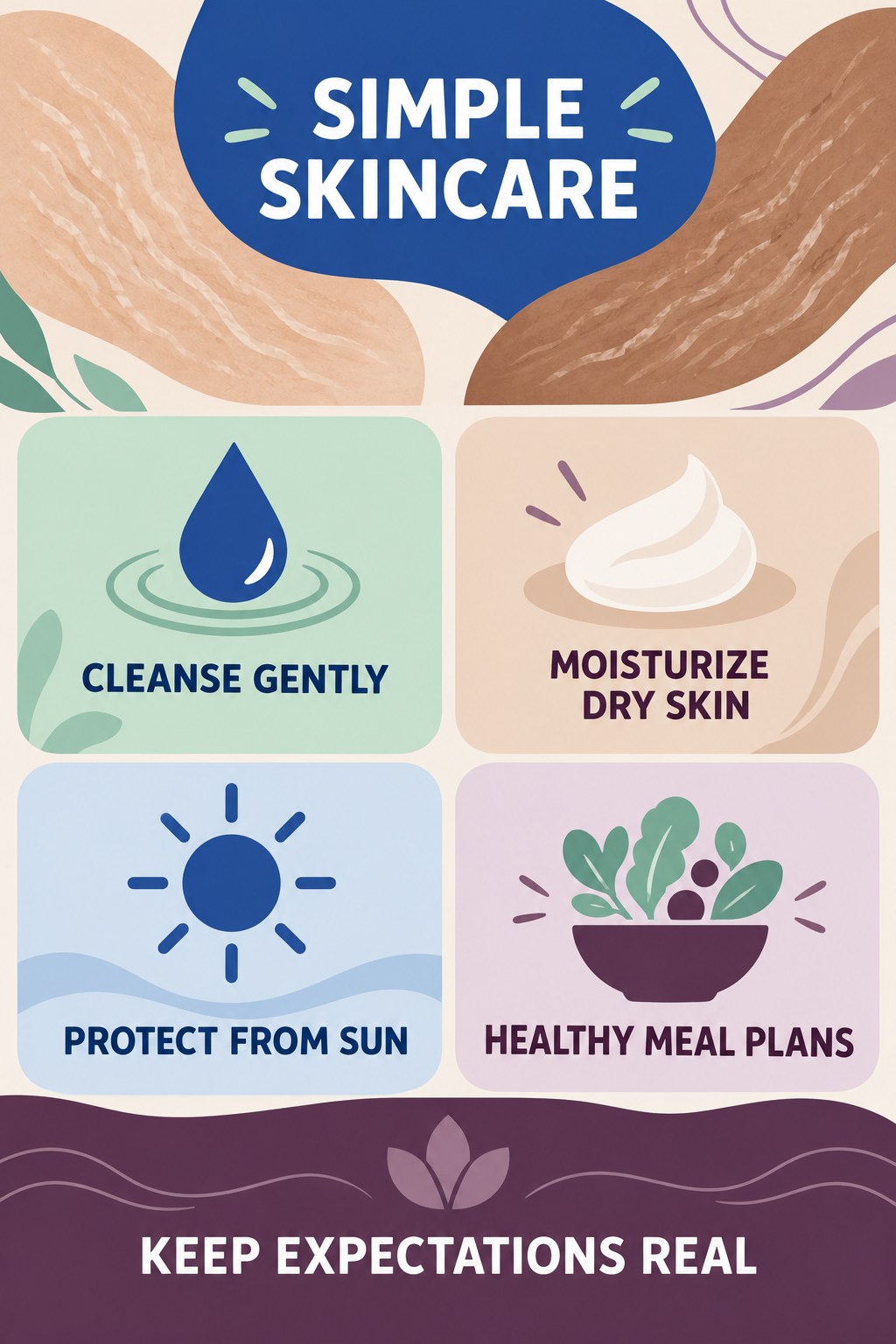 Simple Stretch Mark Skincare Checklist infographic for Healthy Meal Plans with four concise, body-neutral stretch-mark skincare points.