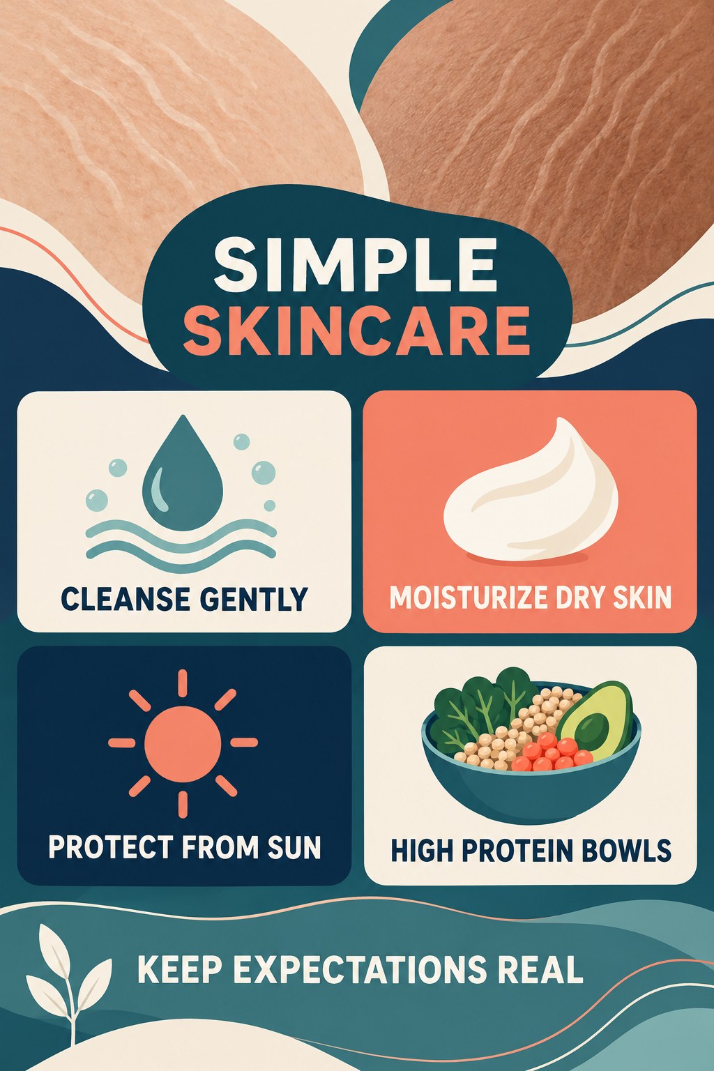 Simple Stretch Mark Skincare Checklist infographic for High Protein Bowls with four concise, body-neutral stretch-mark skincare points.