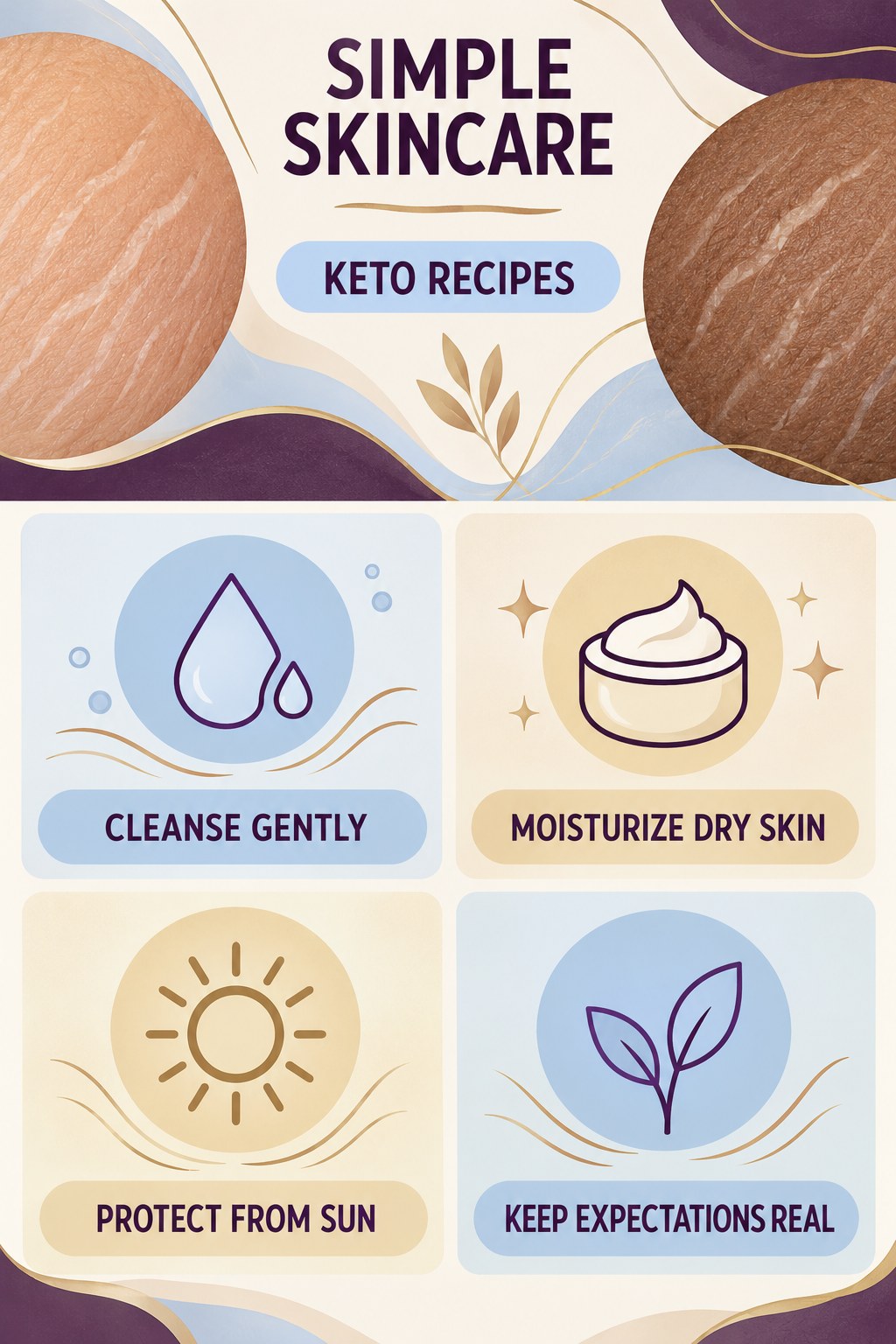Simple Stretch Mark Skincare Checklist infographic for Keto Recipes with four concise, body-neutral stretch-mark skincare points.