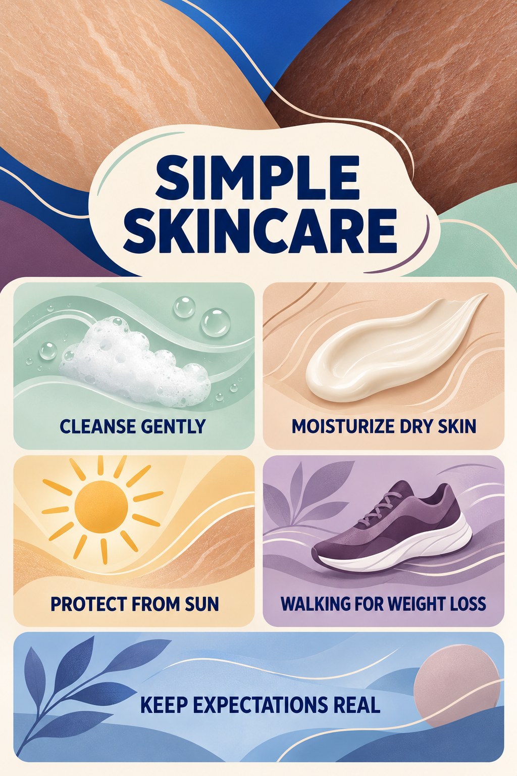 Simple Stretch Mark Skincare Checklist infographic for Walking for Weight Loss with four concise, body-neutral stretch-mark skincare points.