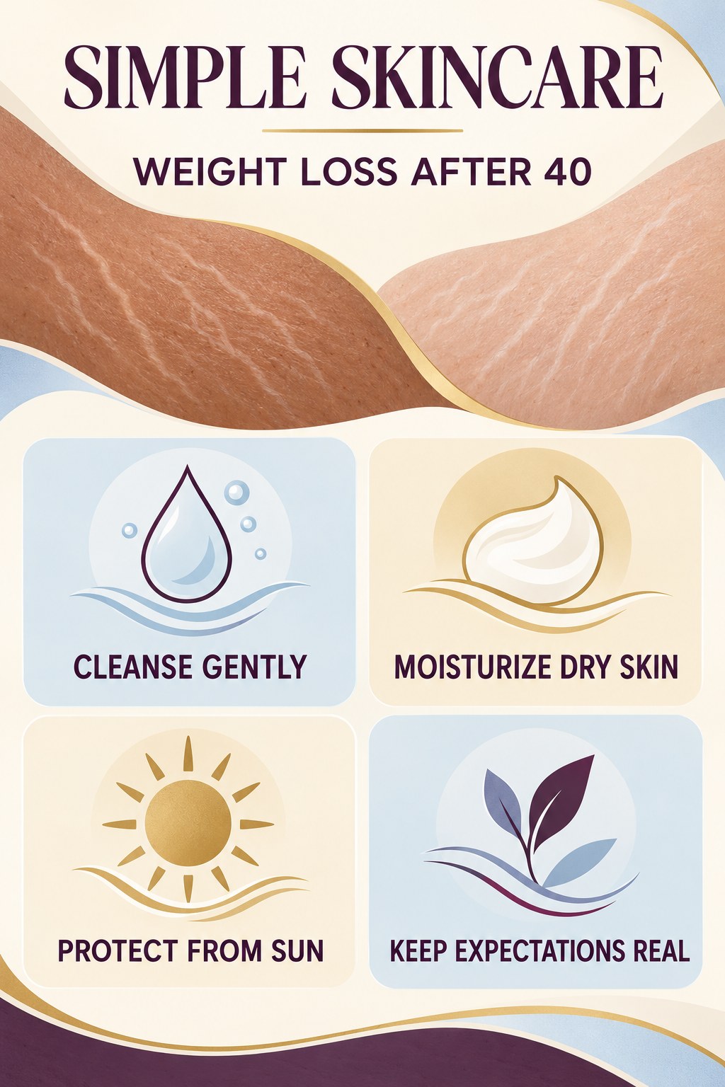 Simple Stretch Mark Skincare Checklist infographic for Weight Loss After 40 with four concise, body-neutral stretch-mark skincare points.
