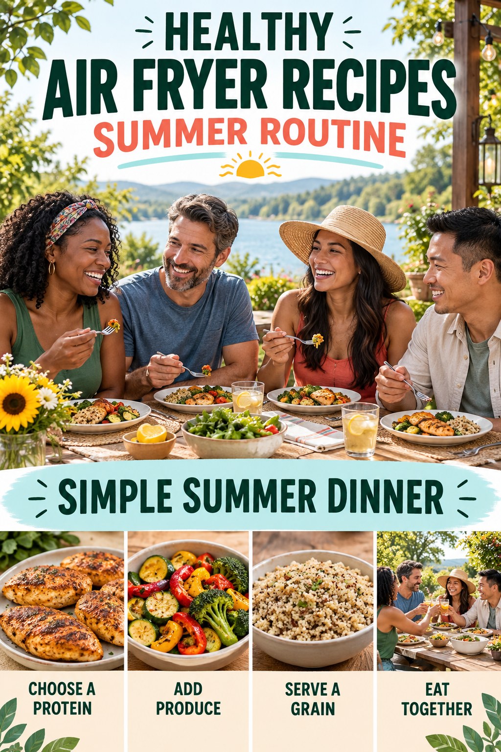 Healthy Air Fryer Recipes summer routine graphic titled Simple Summer Dinner with four practical wellness prompts.