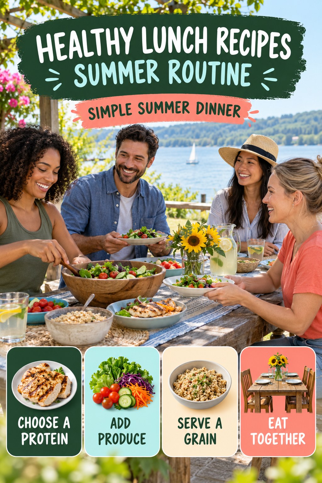 Healthy Lunch Recipes summer routine graphic titled Simple Summer Dinner with four practical wellness prompts.