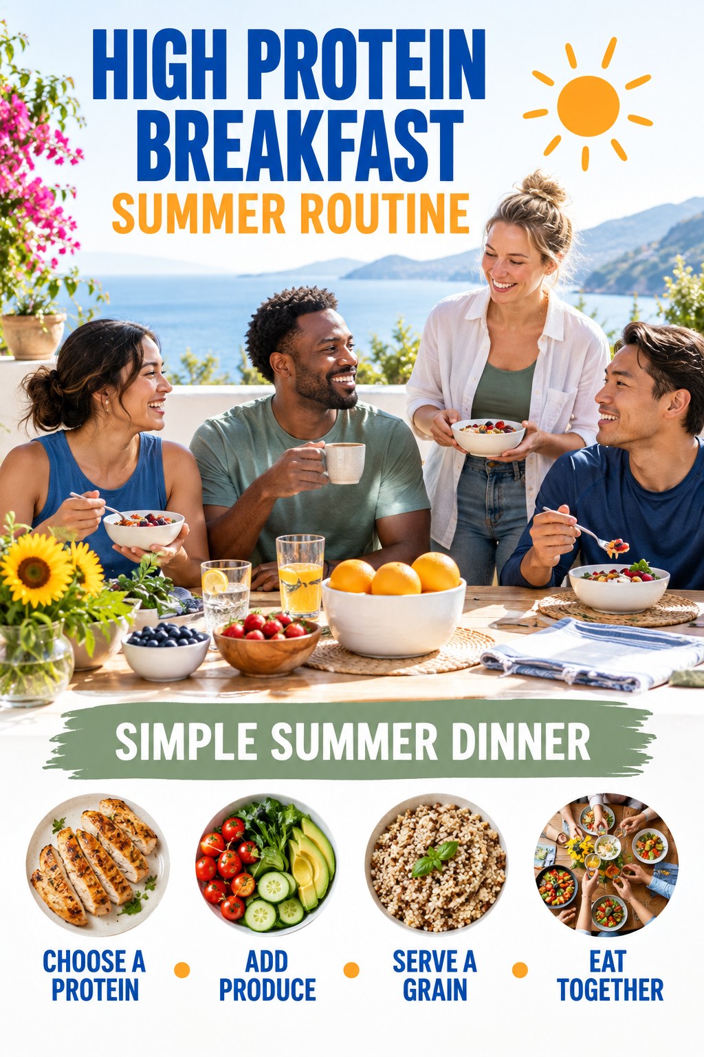 High Protein Breakfast summer routine graphic titled Simple Summer Dinner with four practical wellness prompts.