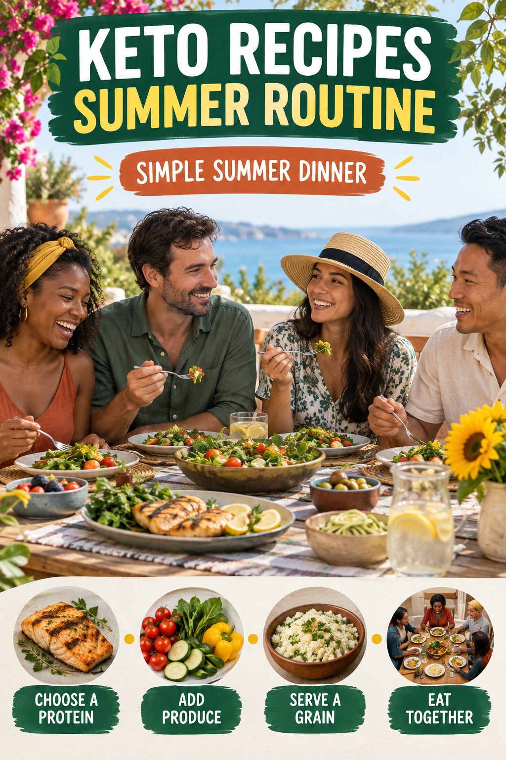 Keto Recipes summer routine graphic titled Simple Summer Dinner with four practical wellness prompts.