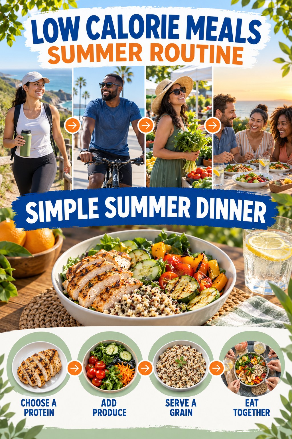 Low Calorie Meals summer routine graphic titled Simple Summer Dinner with four practical wellness prompts.