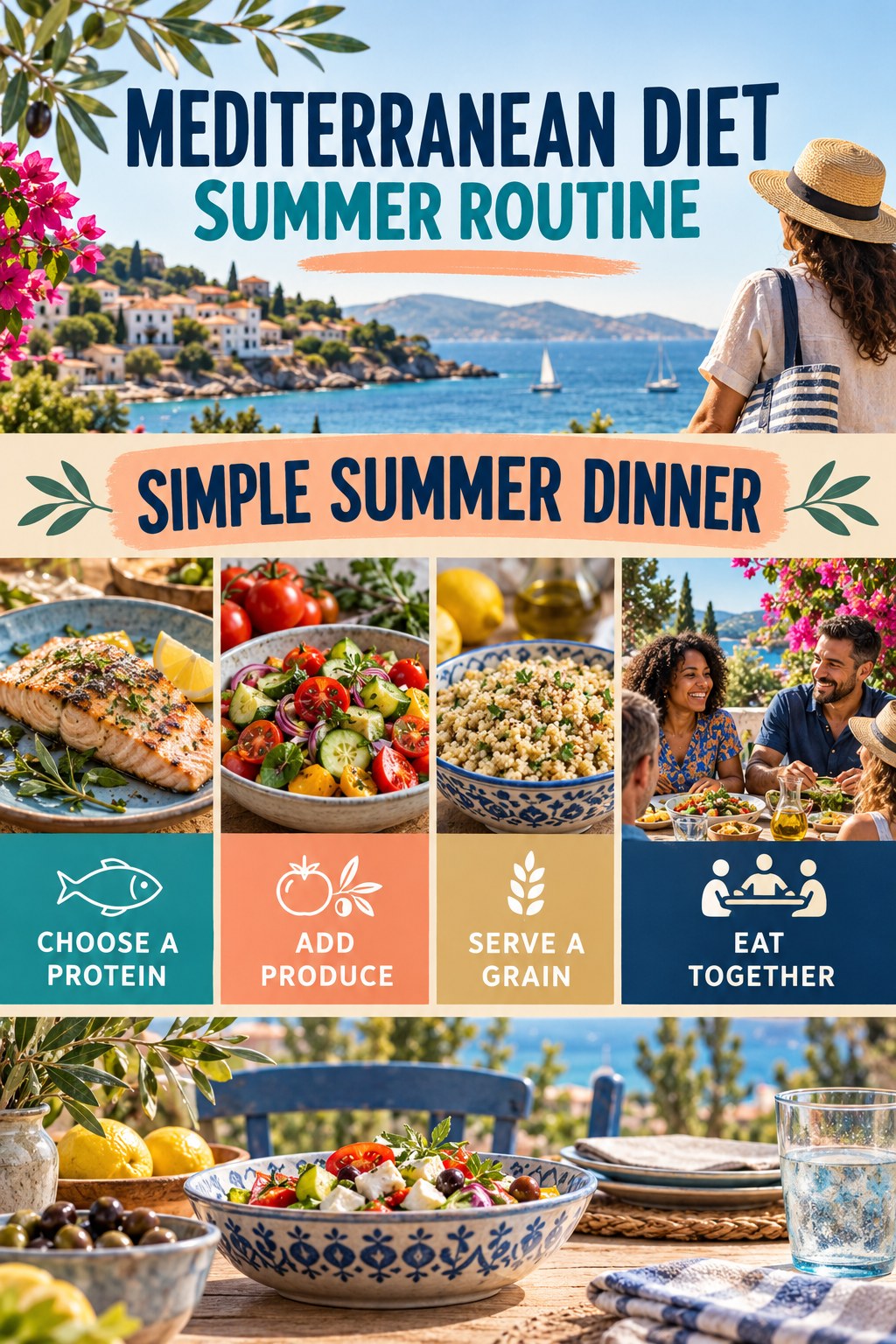 Mediterranean Diet summer routine graphic titled Simple Summer Dinner with four practical wellness prompts.