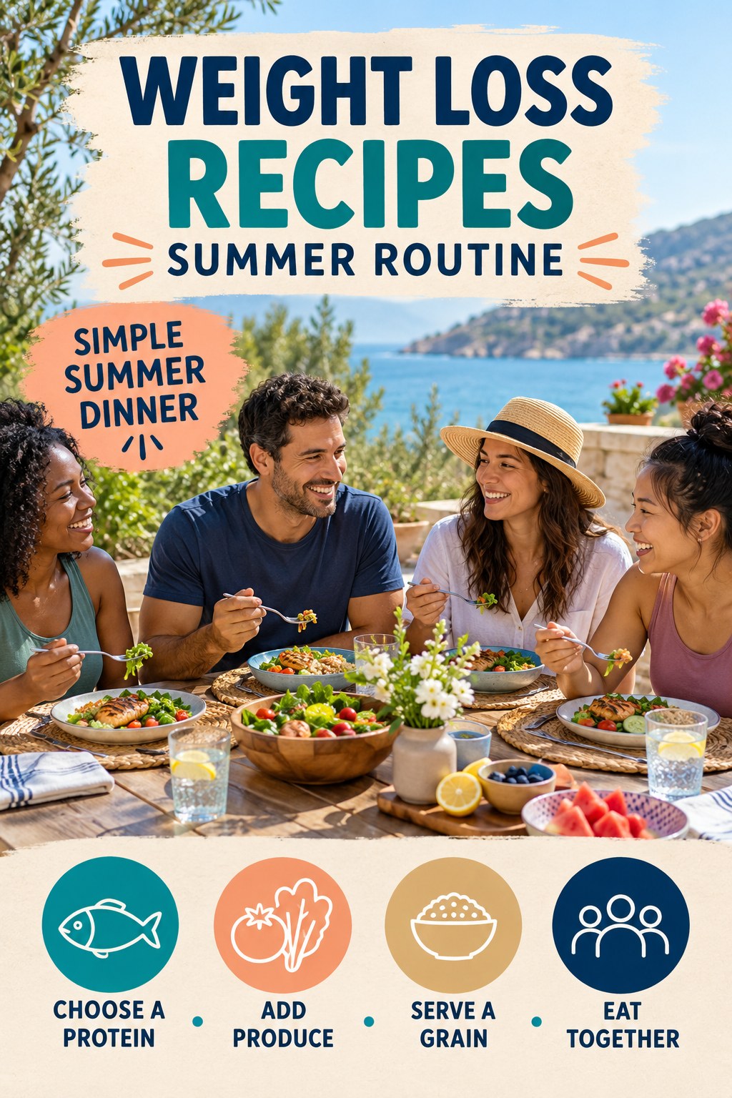 Weight Loss Recipes summer routine graphic titled Simple Summer Dinner with four practical wellness prompts.