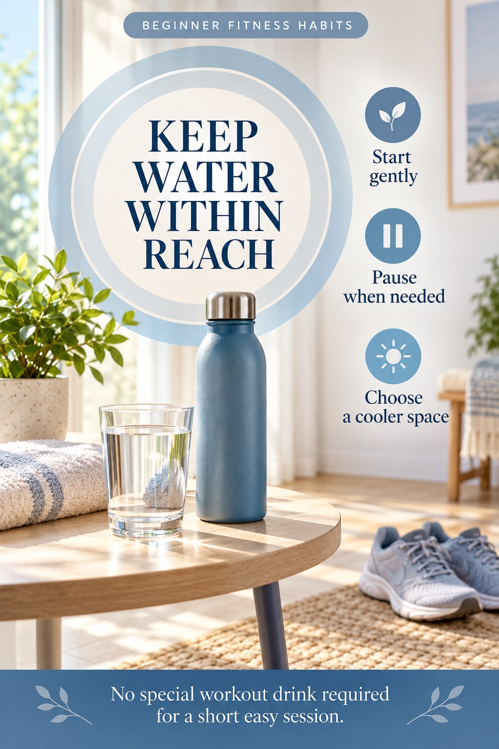 A blue water bottle and glass sit beside a towel, with clear cues to start gently, pause, and choose a cooler space.