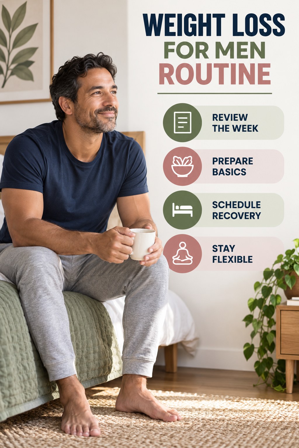 Simple Weekly Wellness for Weight Loss for Men with four concise practical actions in a clean minimal health design.