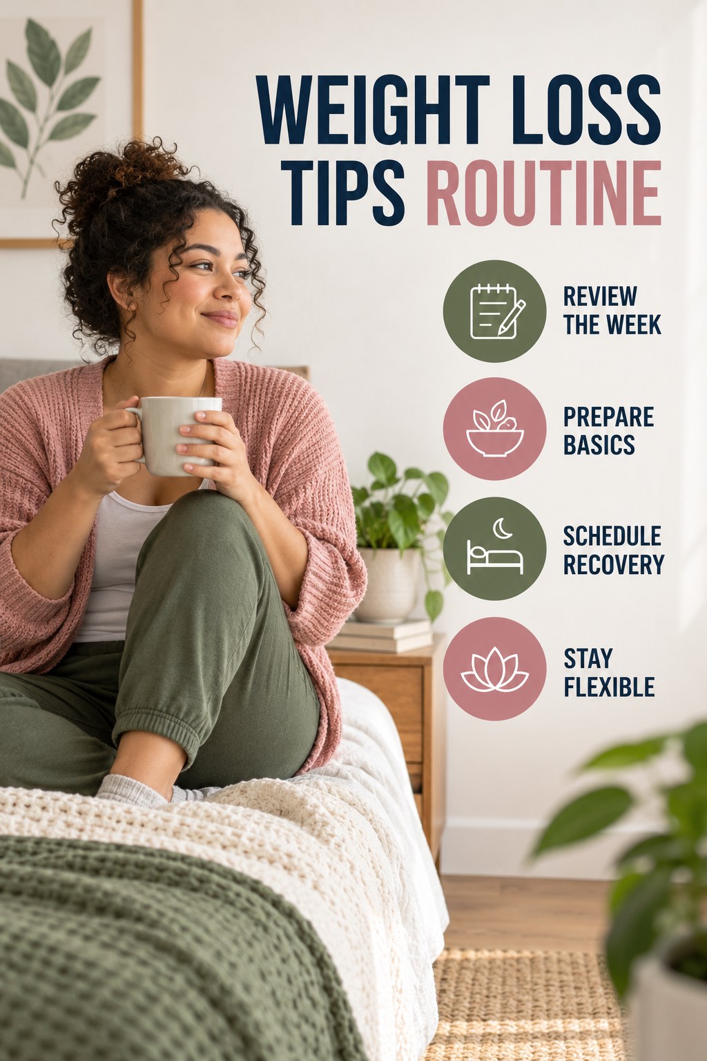 Simple Weekly Wellness for Weight Loss Tips with four concise practical actions in a clean minimal health design.