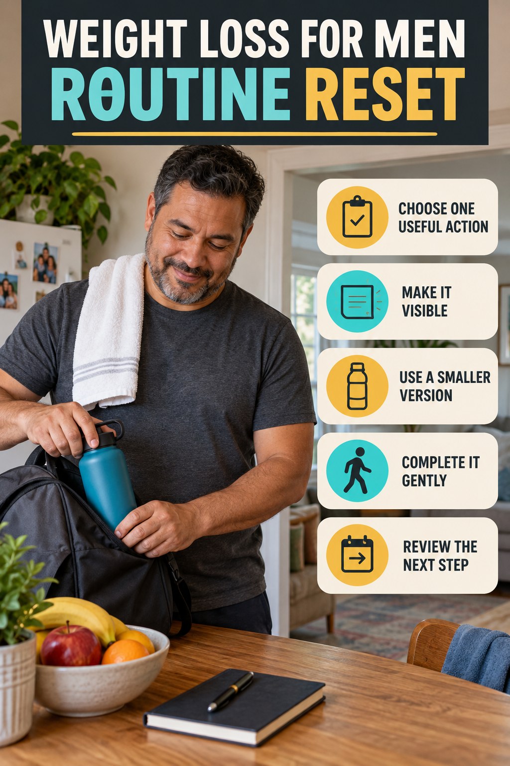 Simple Wellness Reset for Weight Loss for Men with five readable routine-reset cues and a realistic board-relevant wellness scene.