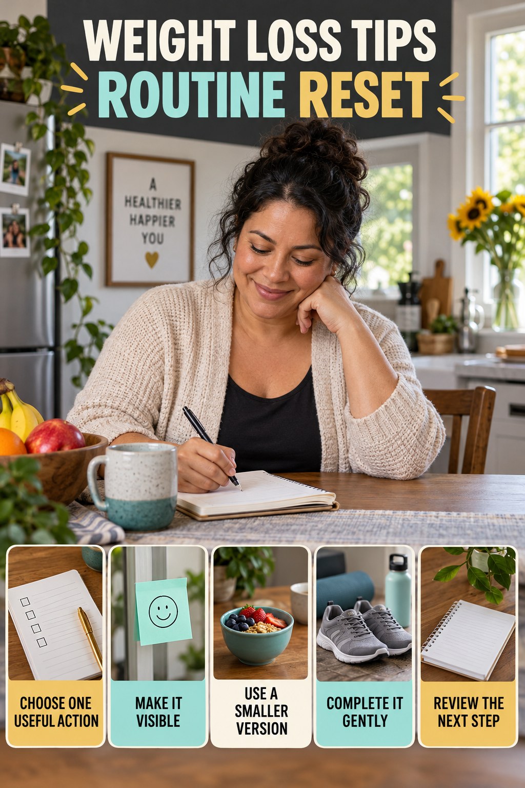 Simple Wellness Reset for Weight Loss Tips with five readable routine-reset cues and a realistic board-relevant wellness scene.