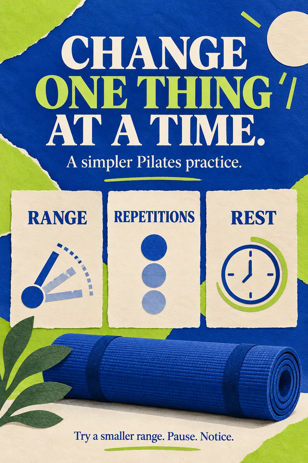 Three simple note cards beside a Pilates mat showing range, repetitions, and rest.
