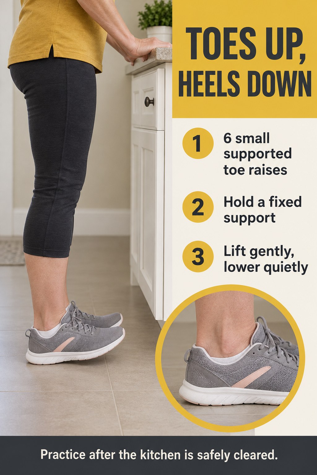 Close side view of supported standing toe raises shows heels touching the floor and toes lifting slightly beside mustard-colored cues.