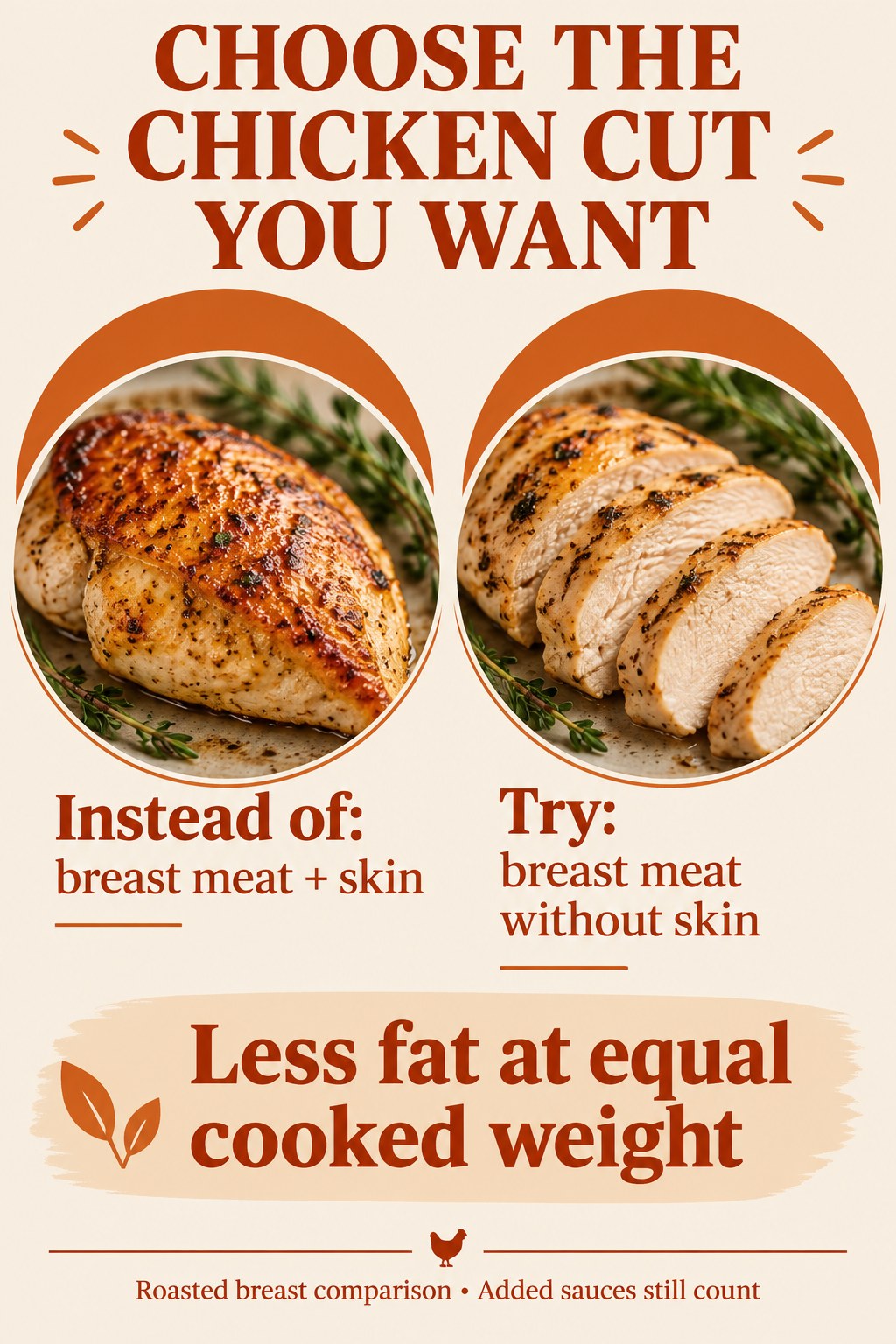 Roasted chicken breast with skin beside sliced breast meat without skin, labeled as a lower-fat equal-cooked-weight option.