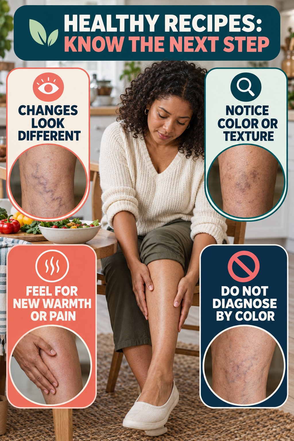 Skin-Tone Inclusive Changes infographic for Healthy Recipes, explaining vein-health warning signs and the appropriate next action without diagnosing a condition.