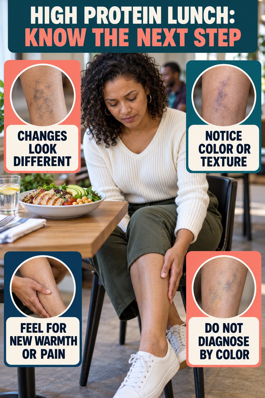 Skin-Tone Inclusive Changes infographic for High Protein Lunch, explaining vein-health warning signs and the appropriate next action without diagnosing a condition.