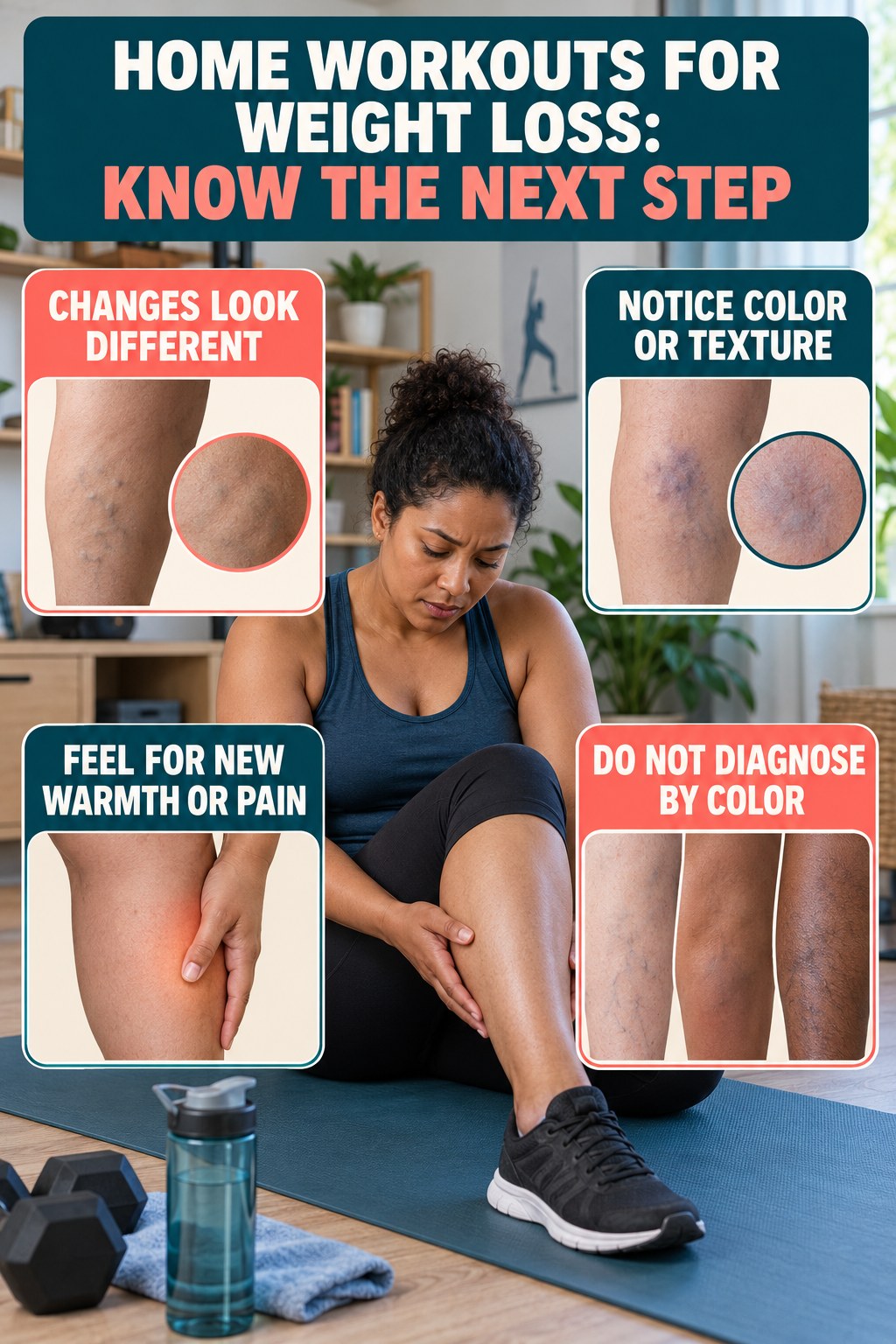Skin-Tone Inclusive Changes infographic for Home Workouts for Weight Loss, explaining vein-health warning signs and the appropriate next action without diagnosing a condition.