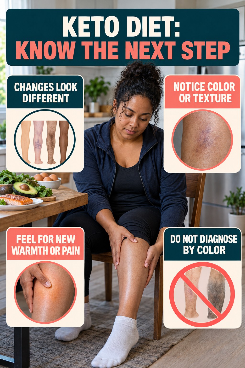 Skin-Tone Inclusive Changes infographic for Keto Diet, explaining vein-health warning signs and the appropriate next action without diagnosing a condition.