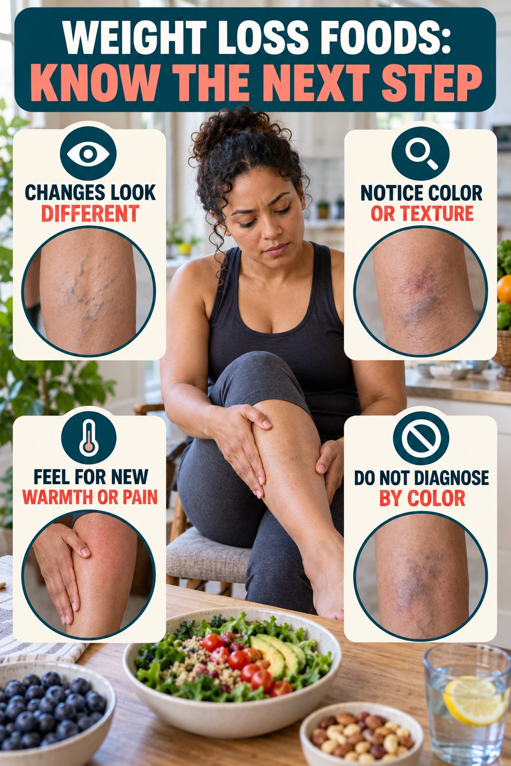 Skin-Tone Inclusive Changes infographic for Weight Loss Foods, explaining vein-health warning signs and the appropriate next action without diagnosing a condition.