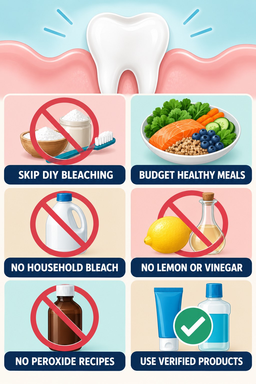 Skip DIY Acid and Bleach Whitening infographic for Budget Healthy Meals with four concise whitening-sensitivity safety points.